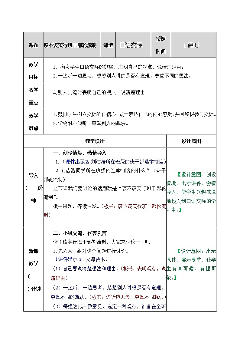 人教版语文三年级下册第二单元 口语交际：该不该实行班干部轮流制课件+教案+课时练+反思+其它01