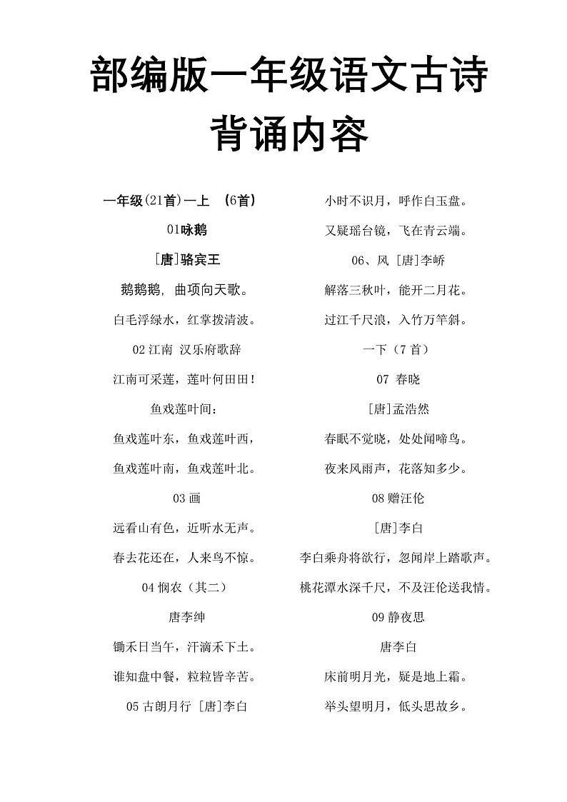部编版一年级语文古诗词背诵内容第1页