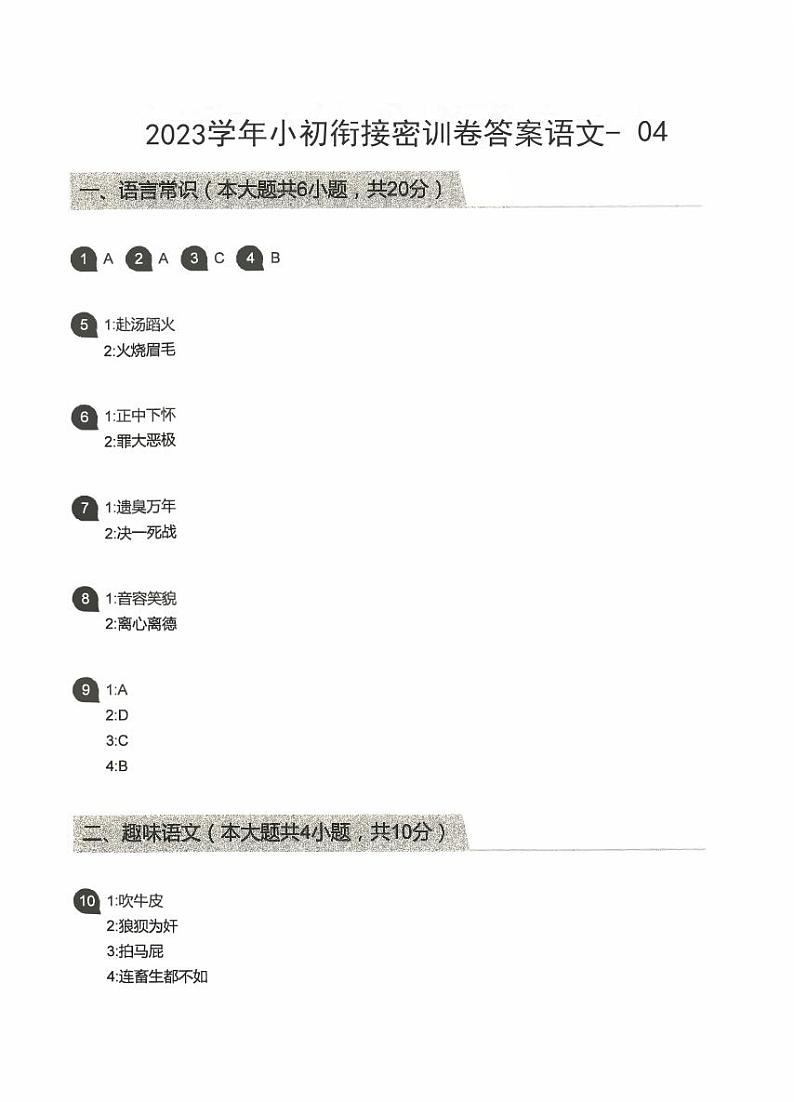 2023小升初语文衔接密卷四01