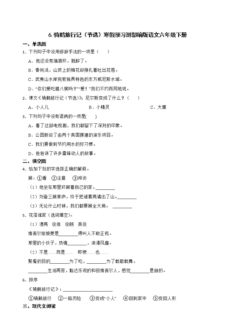 6.骑鹅旅行记（节选）寒假预习测部编版语文六年级下册01