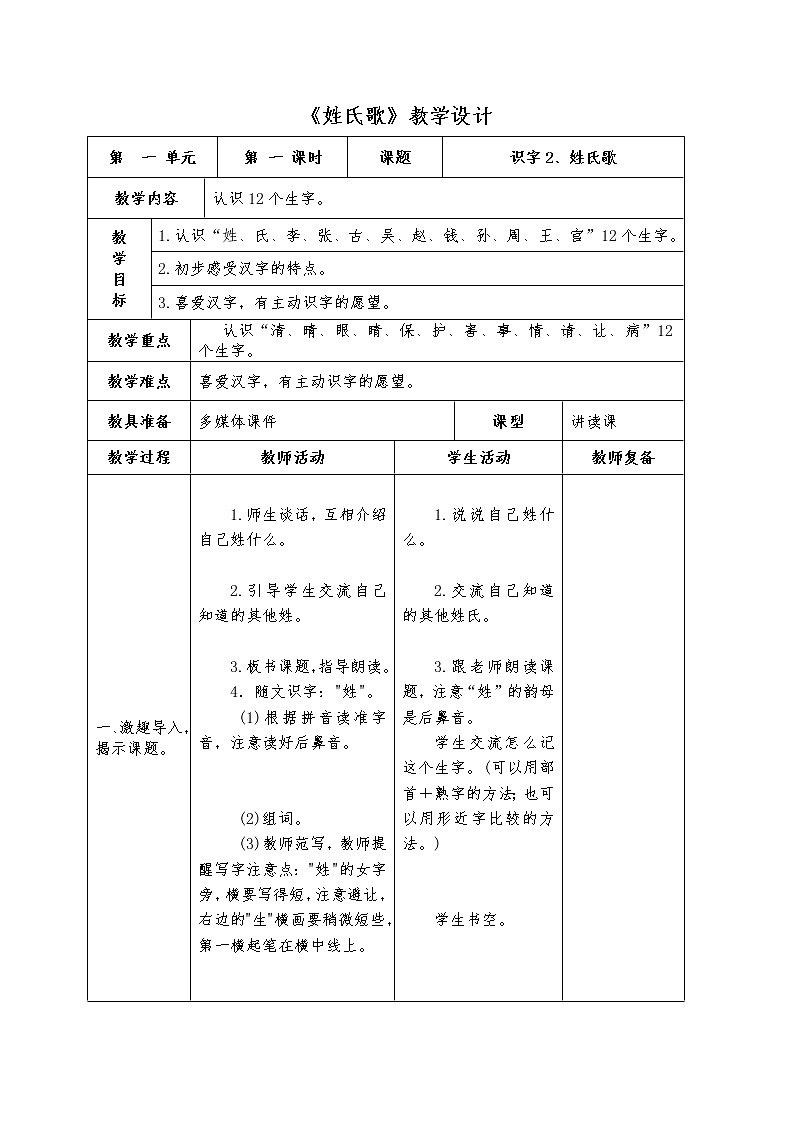 部编版一年级语文下册--2.姓氏歌（教学设计）第1页