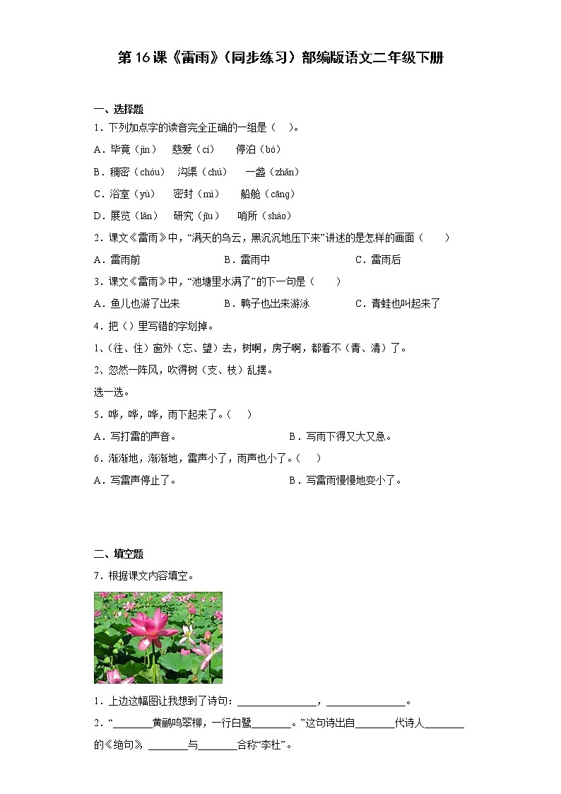 统编版 小学语文二年级下册 课文5 16  雷雨 （同步练习）（ 含答案）01