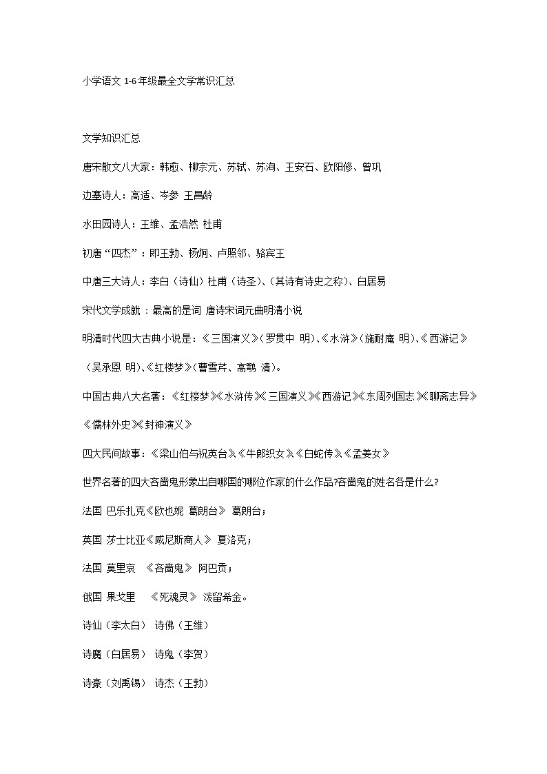 小学语文1-6年级最全文学常识汇总第1页