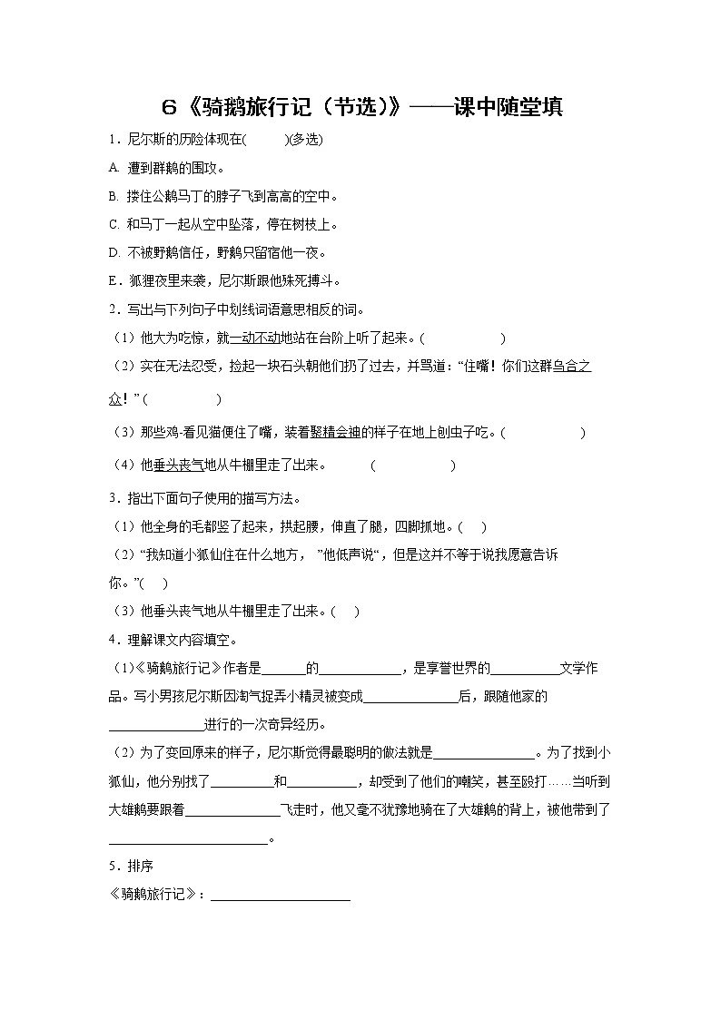 ６《骑鹅旅行记（节选）》-课中随堂填-六年级语文下册同步试题精编（解析版+学生版）01