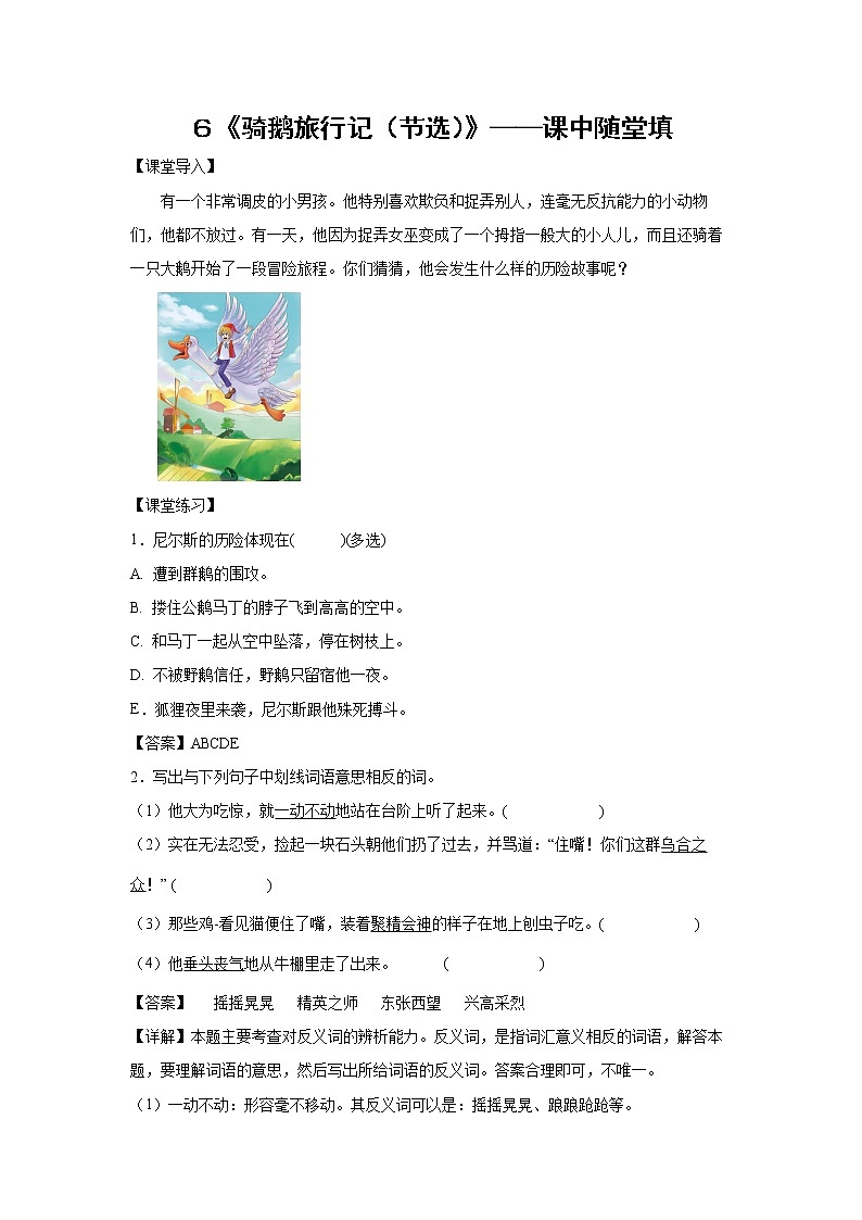 ６《骑鹅旅行记（节选）》-课中随堂填-六年级语文下册同步试题精编（解析版+学生版）01