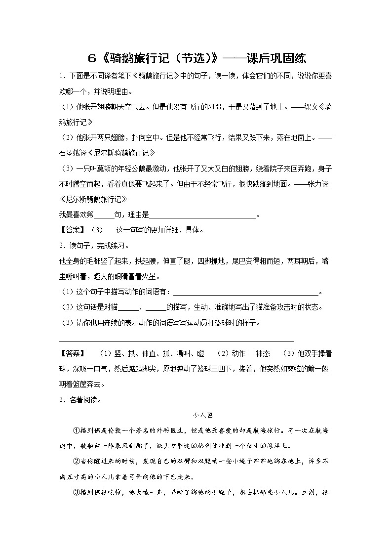 ６《骑鹅旅行记（节选）》-课前预习单-六年级语文下册同步试题精编（解析版+学生版）01