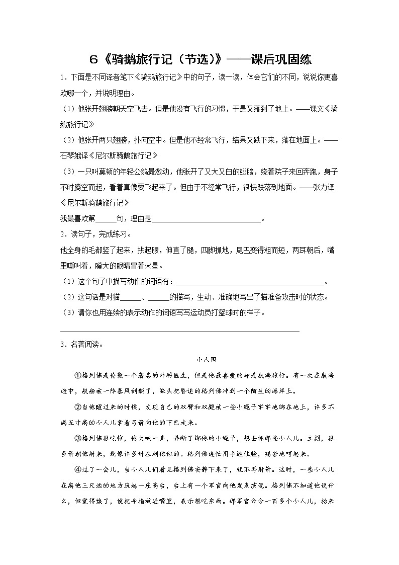 ６《骑鹅旅行记（节选）》-课前预习单-六年级语文下册同步试题精编（解析版+学生版）01