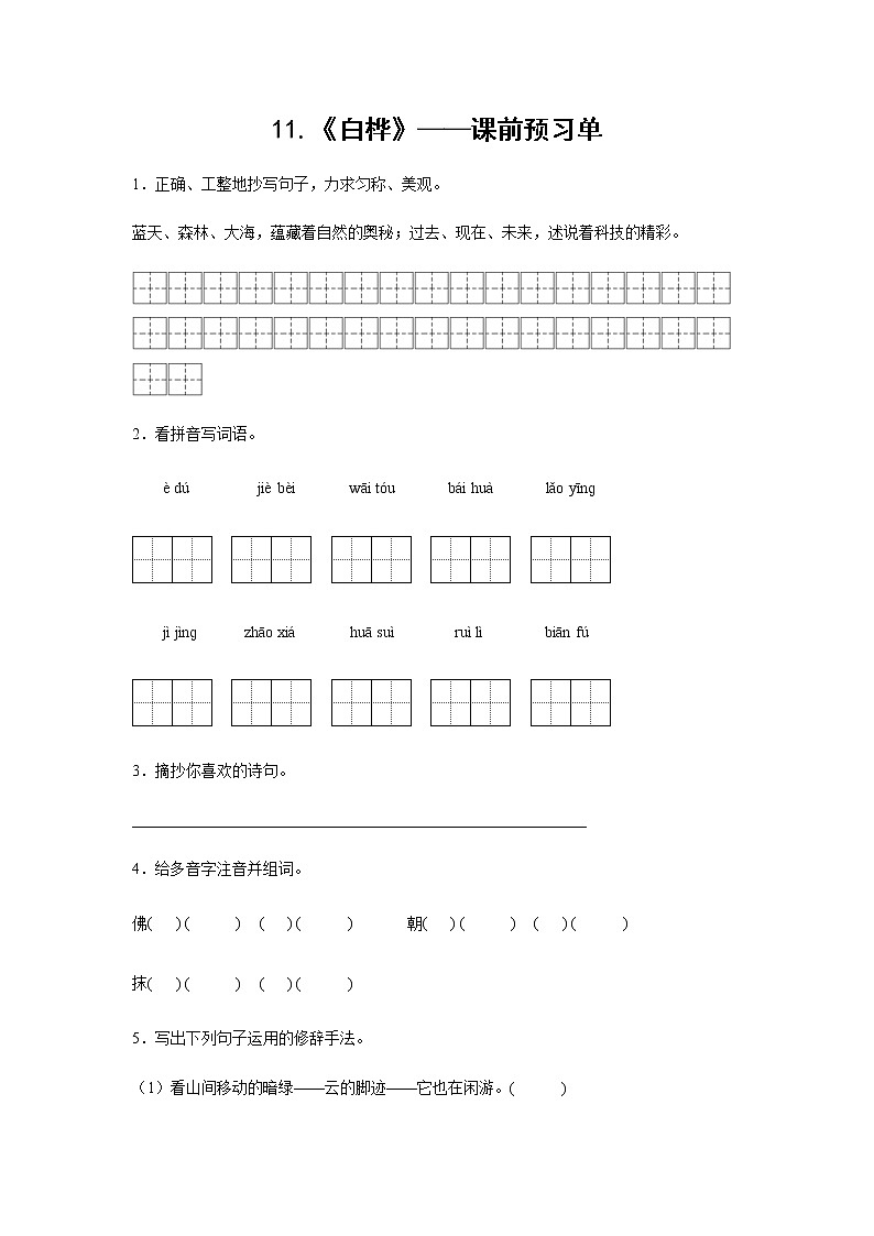 11.《白桦》-课前预习单-四年级语文下册同步试题精编（解析版+学生版）01