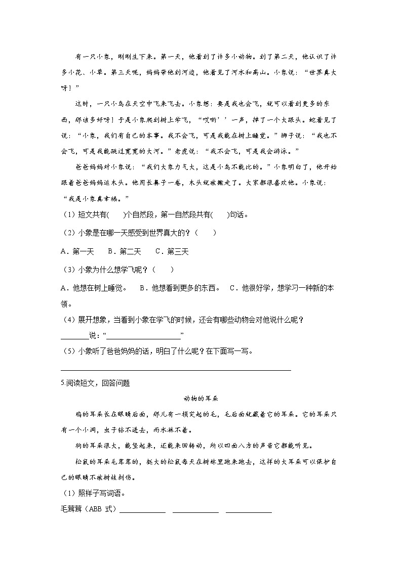 19.《大象的耳朵》-课后巩固练-二年级语文下册同步试题精编（解析版+学生版）02