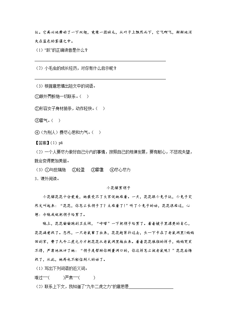 22.《小毛虫》- 课后巩固练-二年级语文下册同步试题精编（解析版+学生版）02