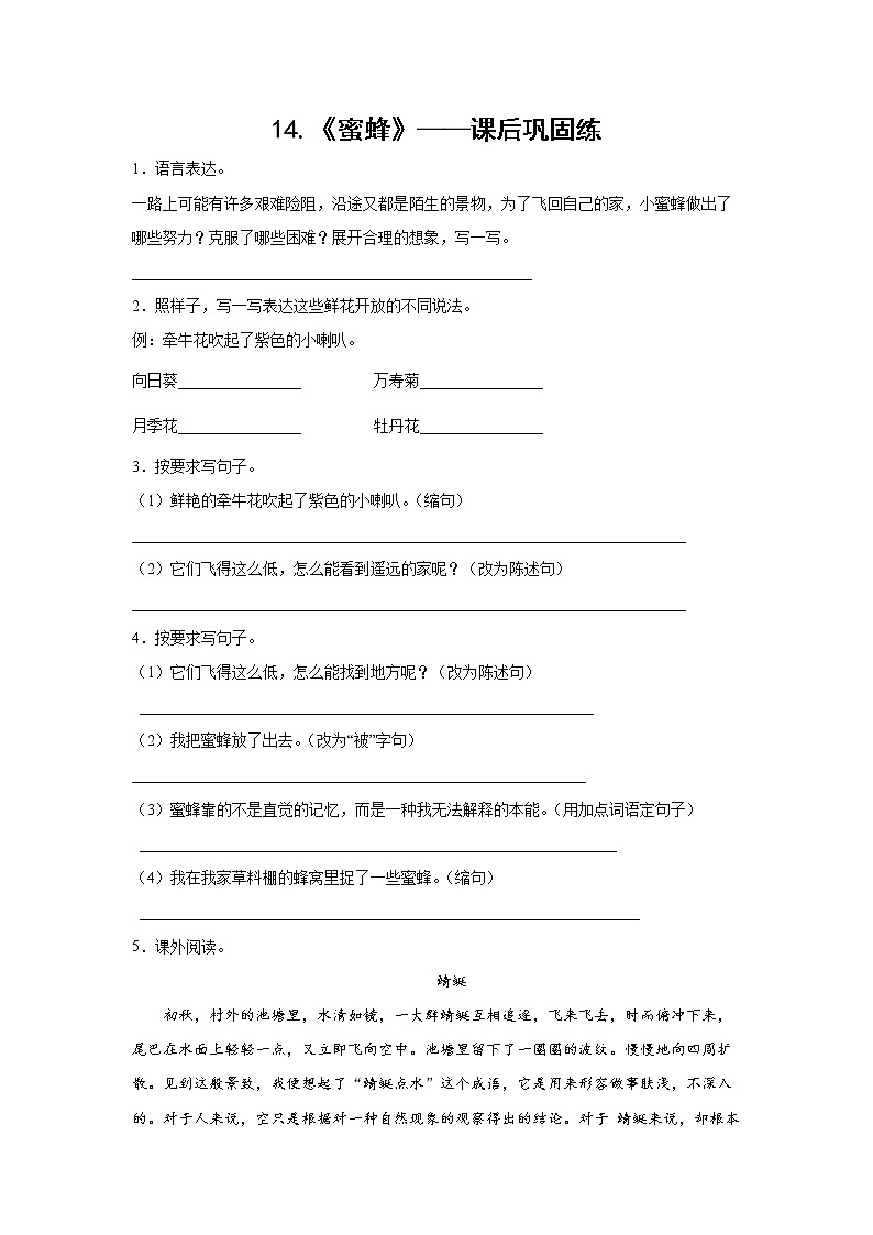 14.《蜜蜂》-课后巩固练-三年级语文下册同步试题精编（解析版+学生版）01