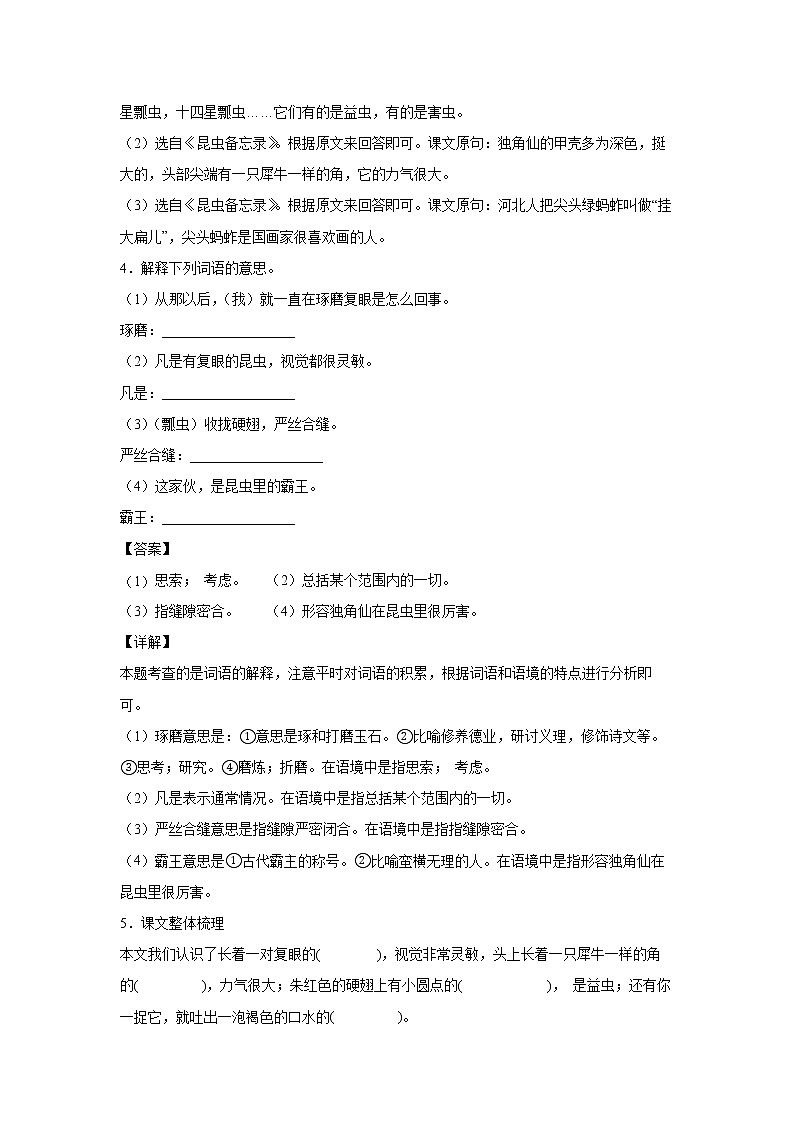 4.《昆虫备忘录》-课中随堂填-三年级语文下册同步试题精编（解析版+学生版）03