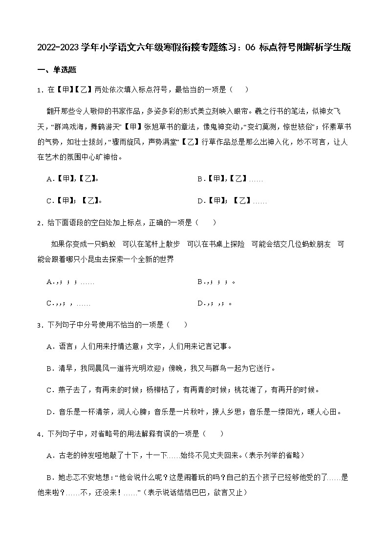2022-2023学年小学语文六年级寒假衔接专题练习：06 标点符号附解析学生版01