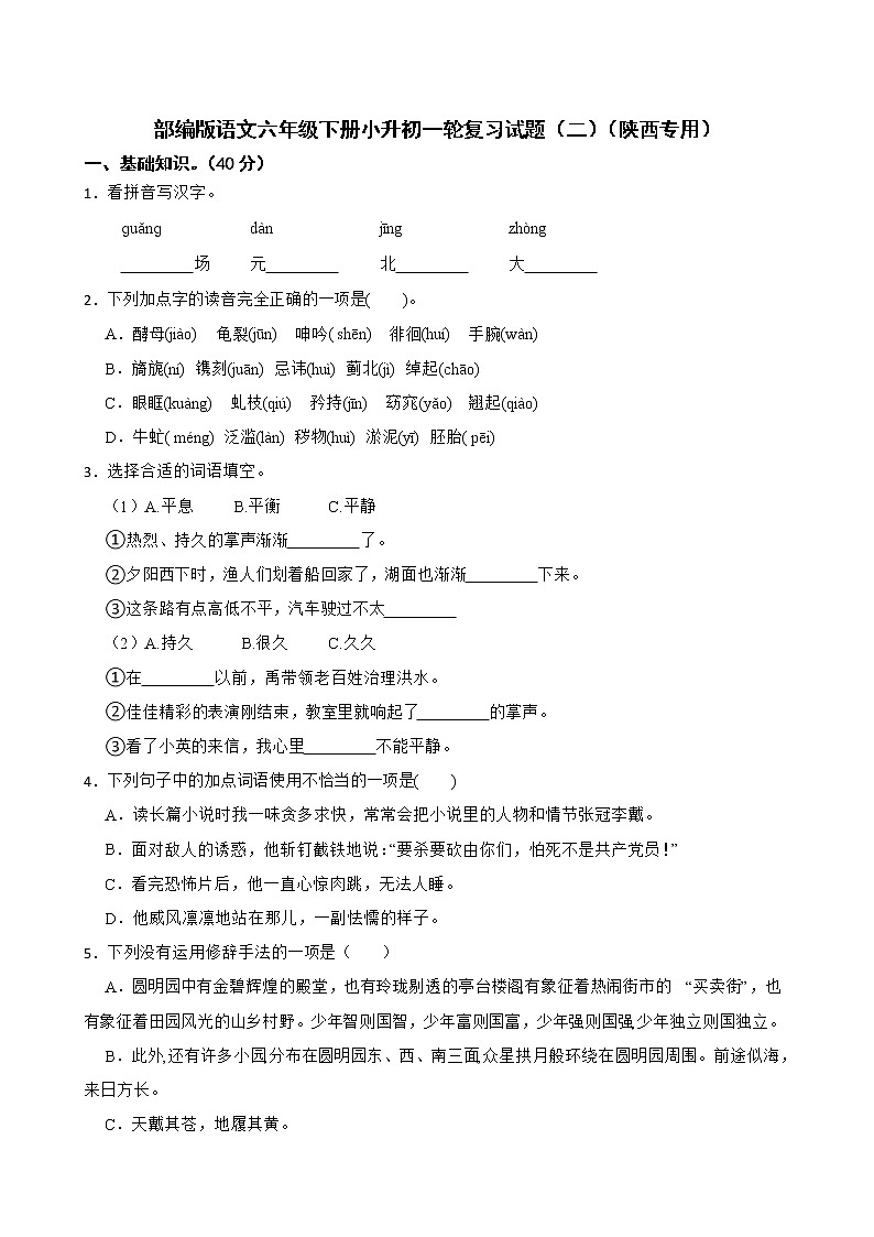 部编版语文六年级下册小升初一轮复习试题（二）（陕西专用）01