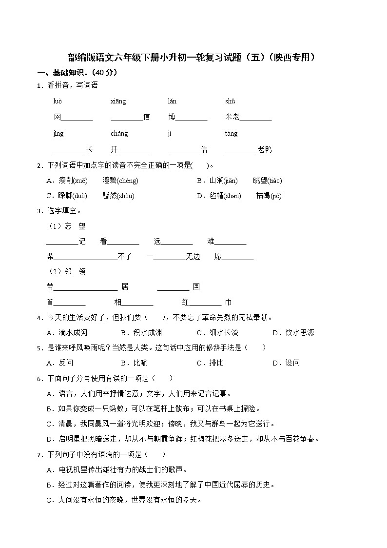 部编版语文六年级下册小升初一轮复习试题（五）（陕西专用）01