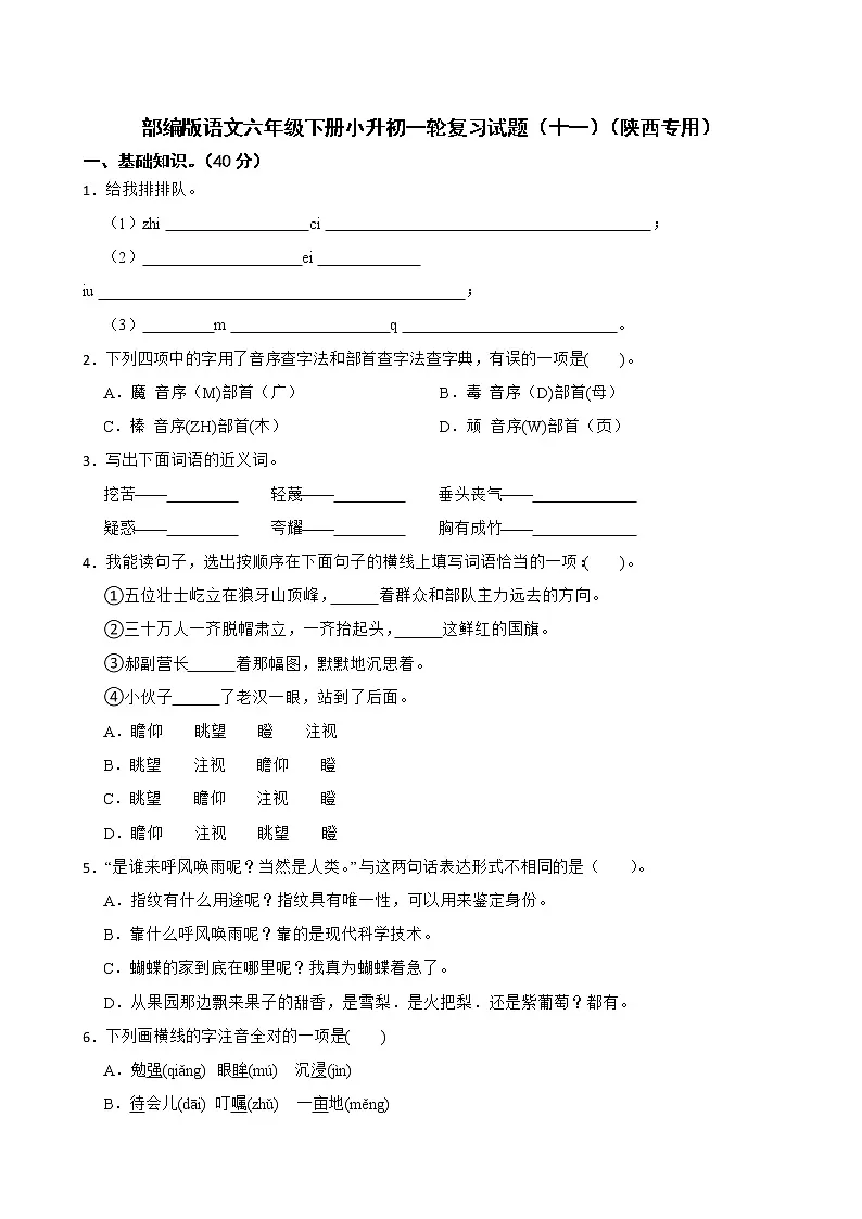 部编版语文六年级下册小升初一轮复习试题（十一）（陕西专用）第1页