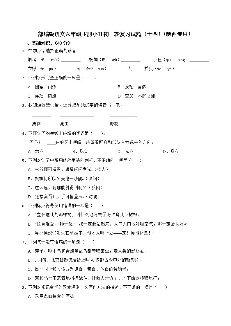 部编版语文六年级下册小升初一轮复习试题（十四）（陕西专用）第1页