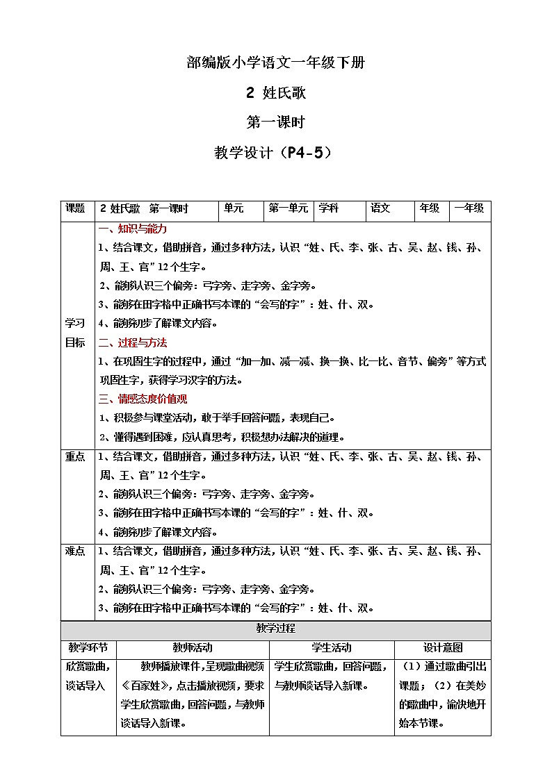 识字2 姓氏歌 第1课时教案01