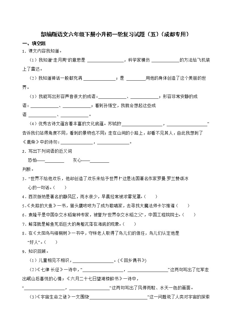 部编版语文六年级下册小升初一轮复习试题（五）（成都专用）第1页