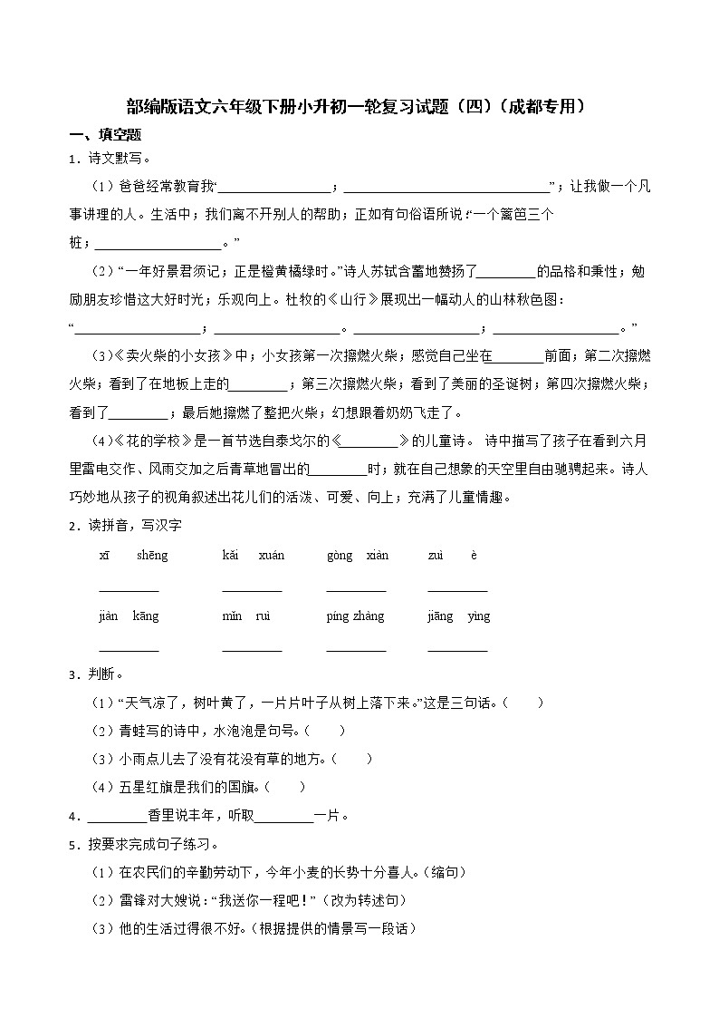部编版语文六年级下册小升初一轮复习试题（四）（成都专用）第1页