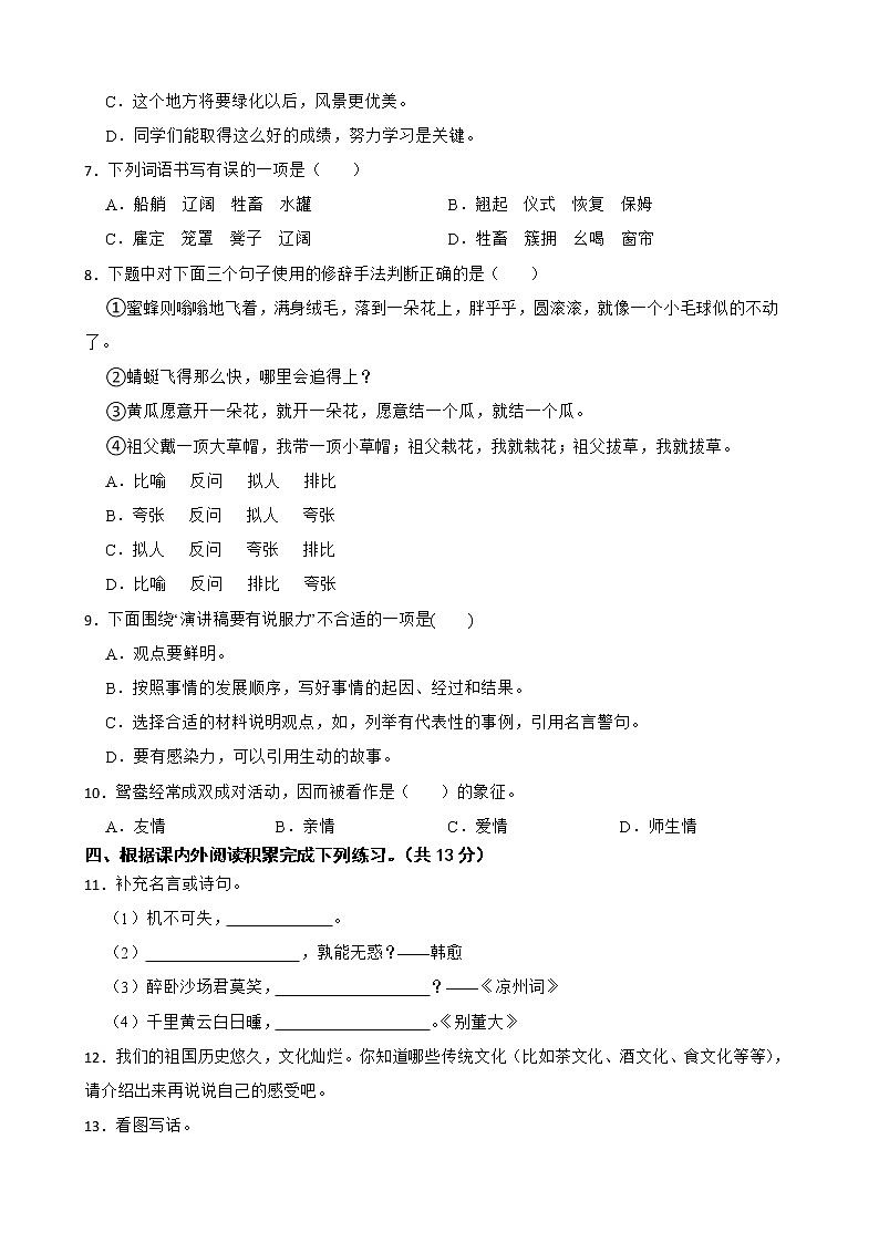 部编版语文六年级下册小升初一轮复习试题（三）（株洲专用）第2页