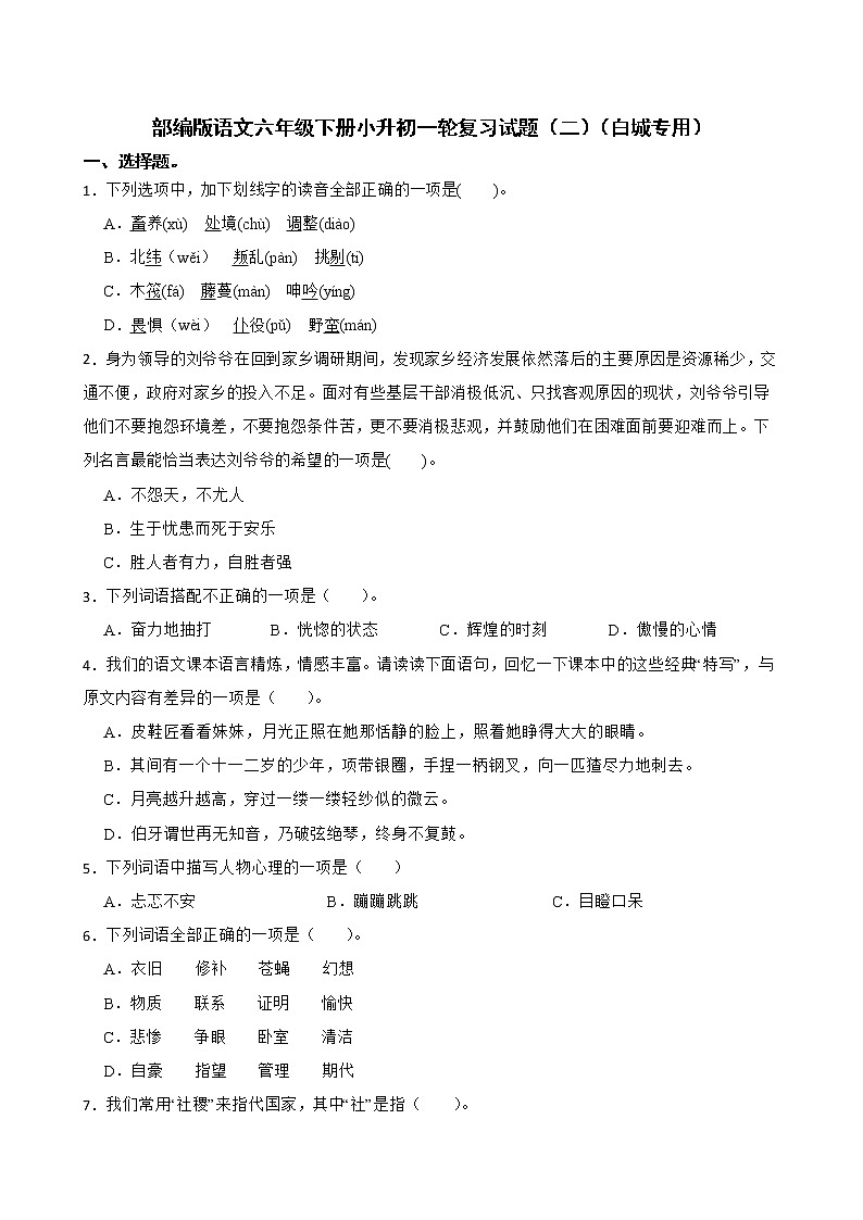 部编版语文六年级下册小升初一轮复习试题（二）（白城专用）01