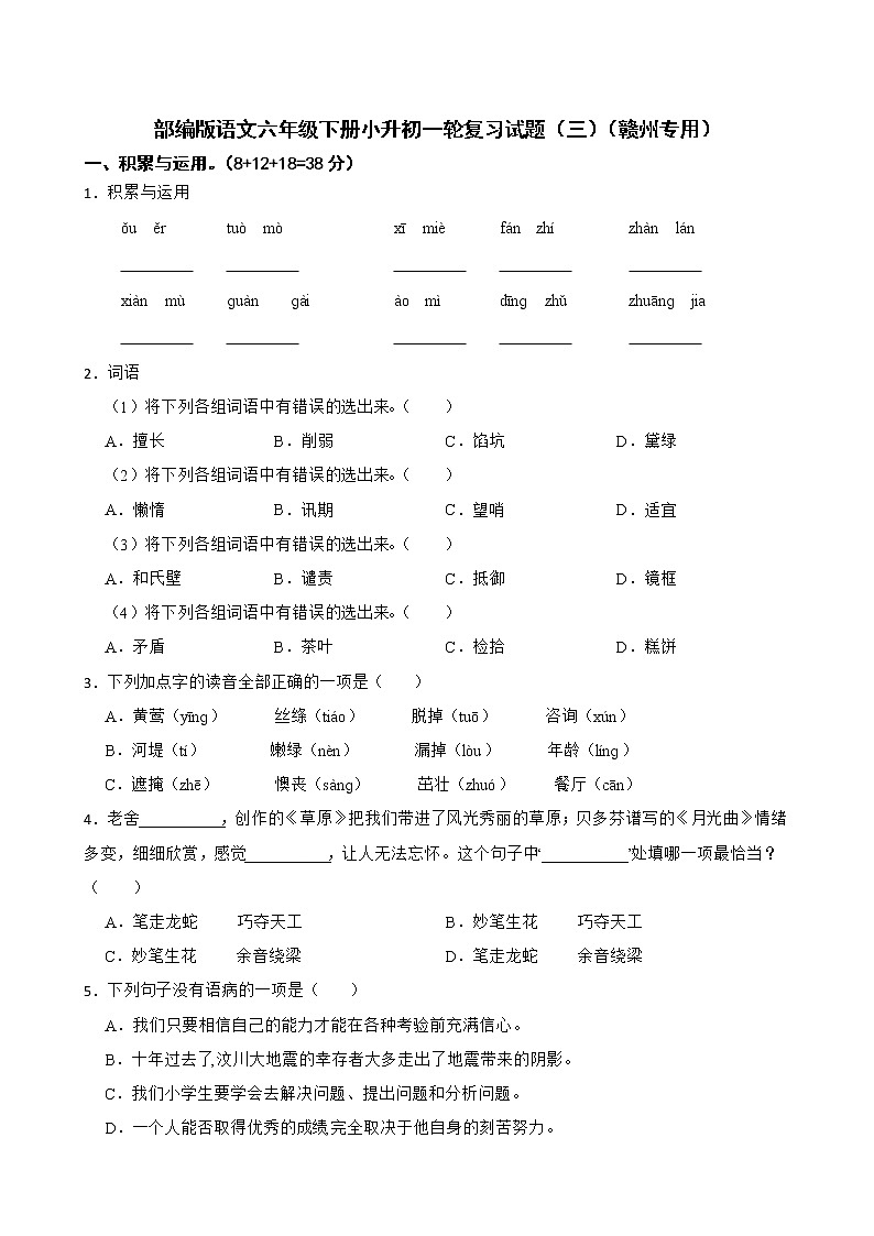 部编版语文六年级下册小升初一轮复习试题（三）（赣州专用）01