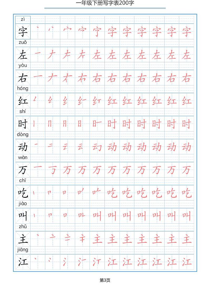 部编版1年级语文下册 课文必背内容汇总+背诵闯关表+写字表字帖 试卷03