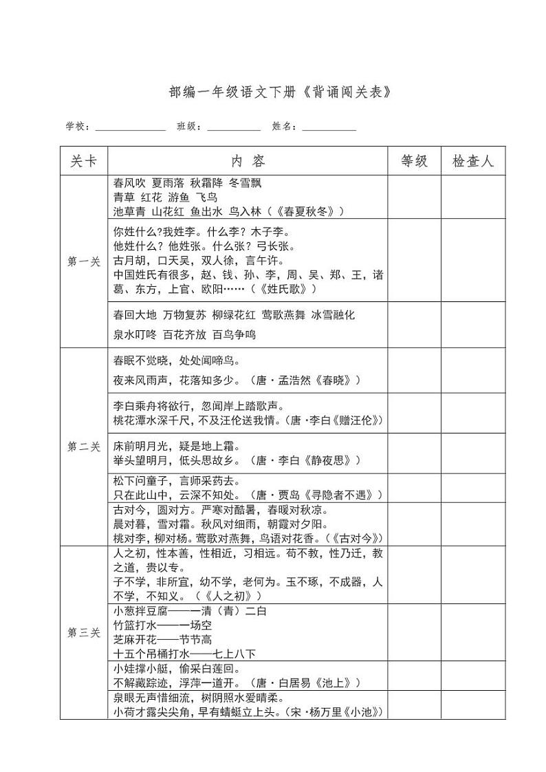 部编版1年级语文下册 课文必背内容汇总+背诵闯关表+写字表字帖 试卷01