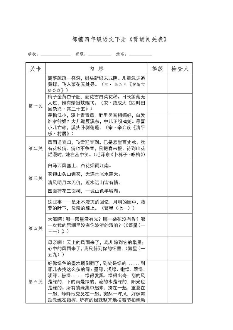部编版4年级语文下册 课文必背内容汇总+背诵闯关表+写字表字帖 试卷01