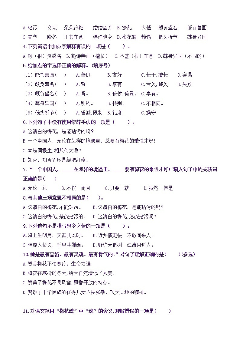 【新课标】五语下4《梅花魂》核心素养分层学习任务单（含答案） 试卷02