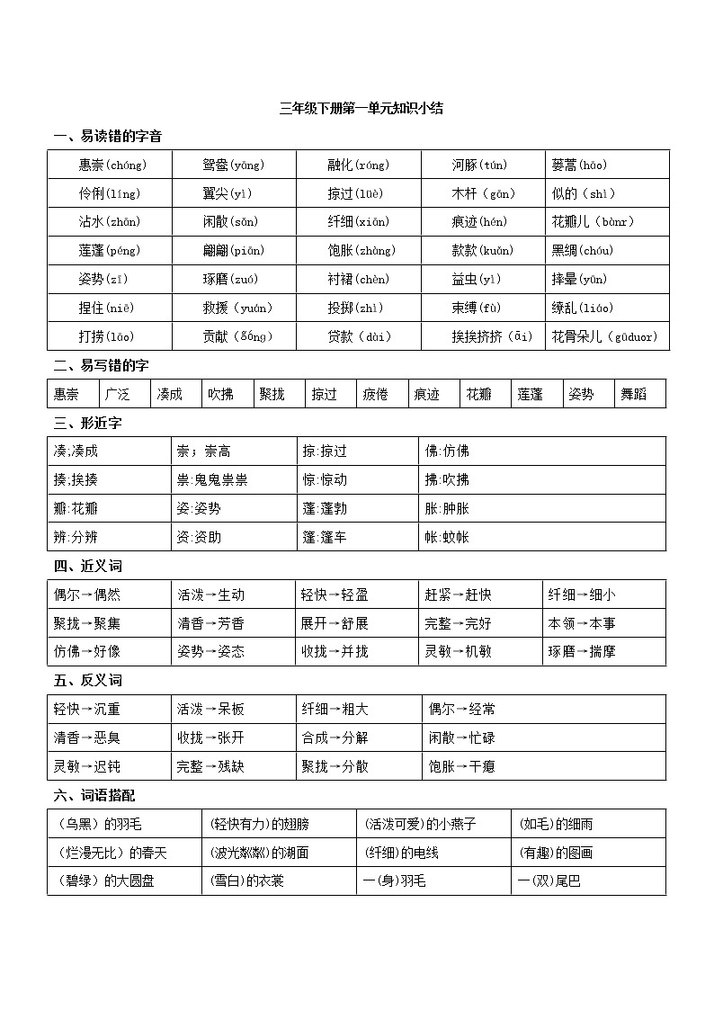 第一单元 部编版三年级语文下册（单元复习讲义+单元测试）第1页