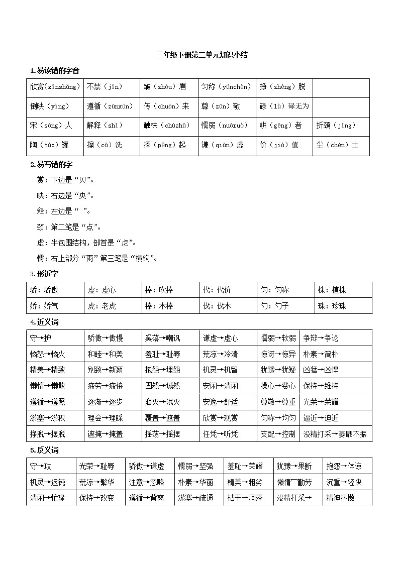 第二单元 部编版三年级语文下册（单元复习讲义+单元测试）第1页