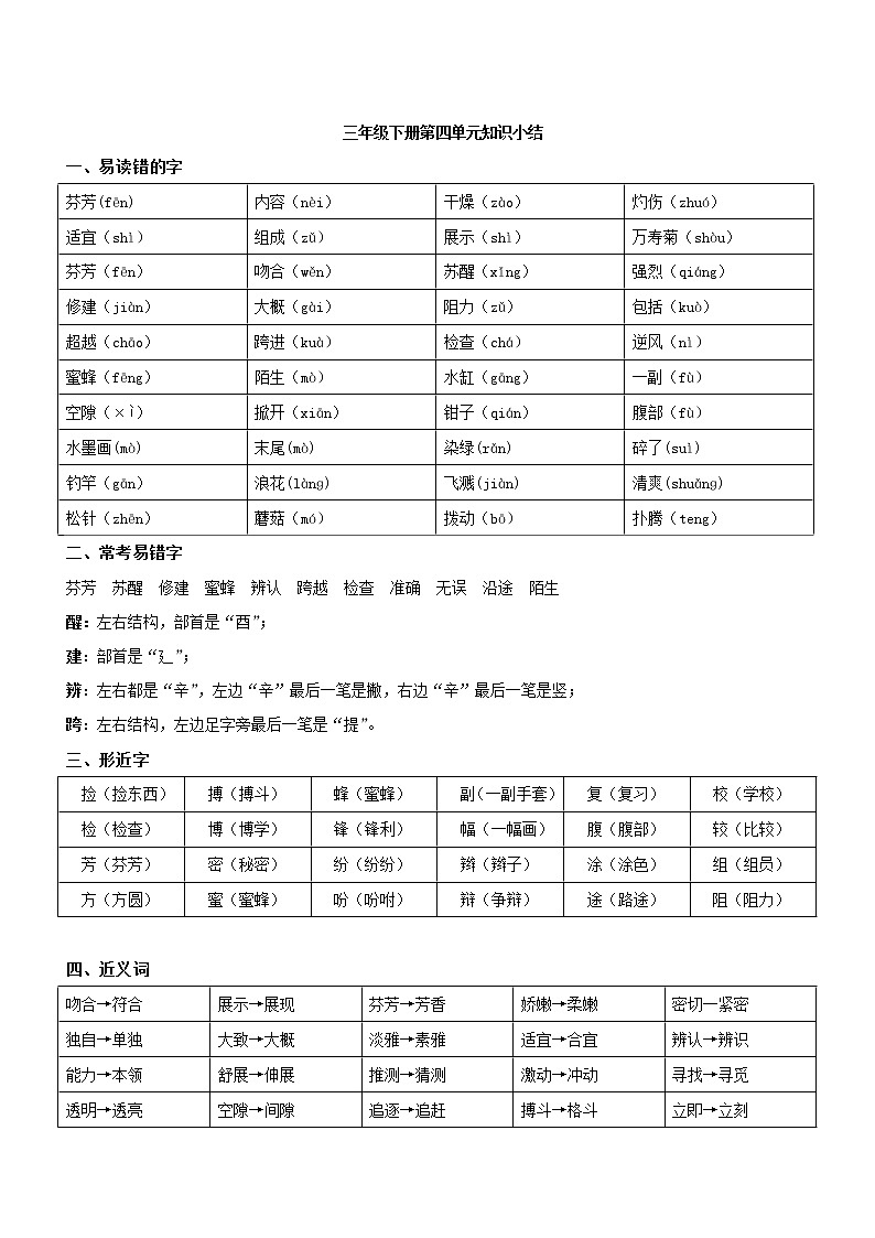 第四单元 部编版三年级语文下册（单元复习讲义+单元测试）第1页