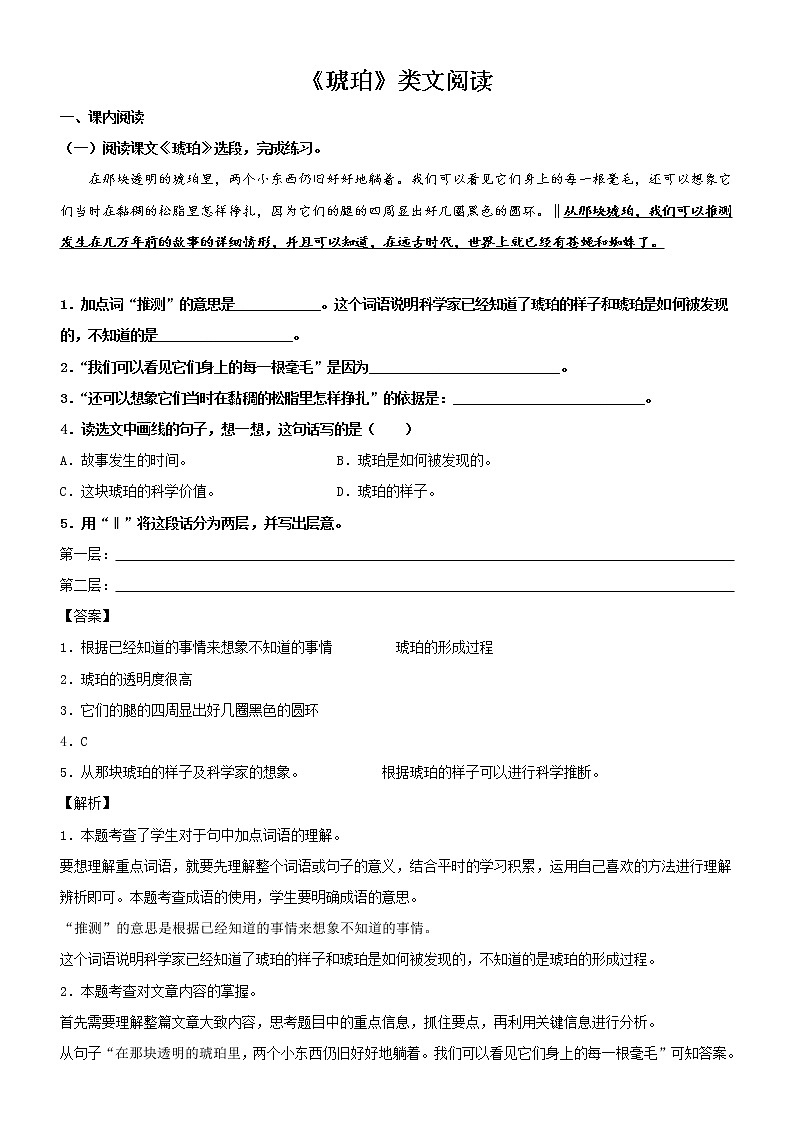 第5课  琥珀——部编版四年级语文下册同步课文内外类文阅读理解 试卷01