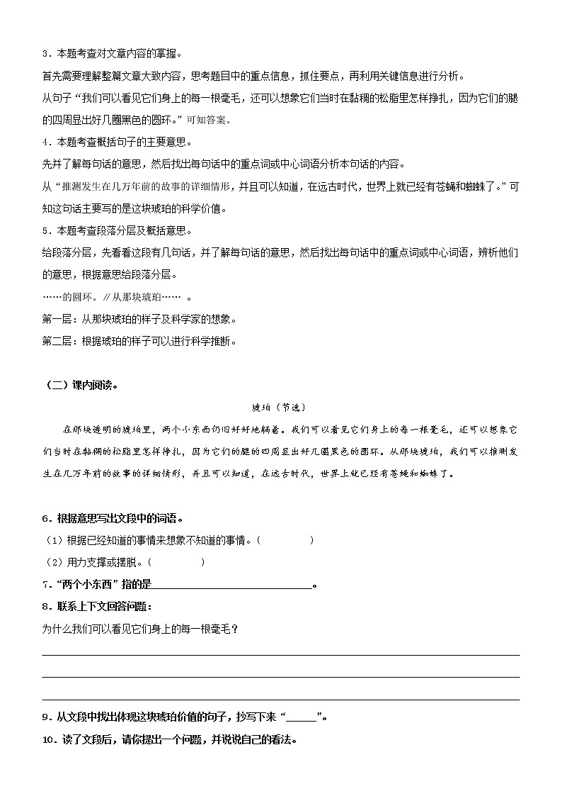 第5课  琥珀——部编版四年级语文下册同步课文内外类文阅读理解 试卷02