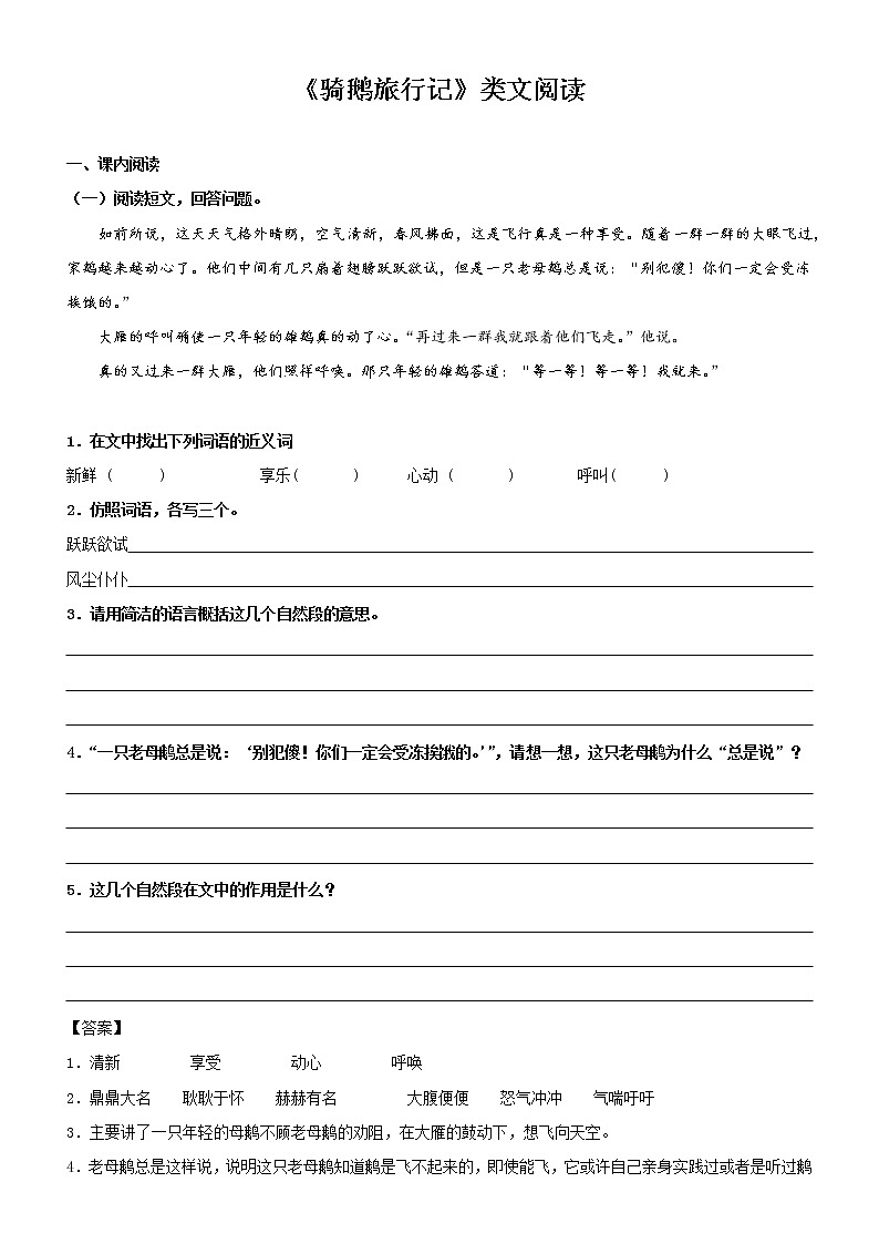 第6课  骑鹅旅行记——部编版六年级语文下册同步课文内外类文阅读理解 试卷01