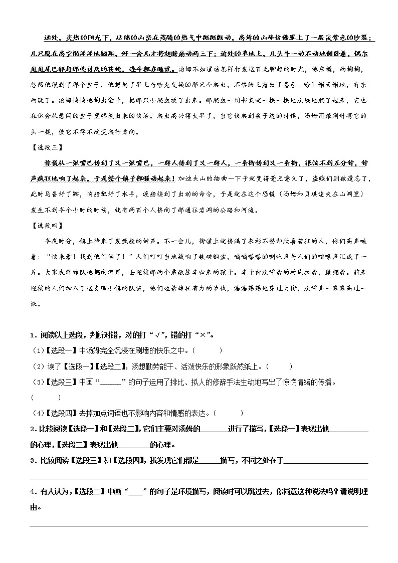 第7课  汤姆索亚历险记——部编版六年级语文下册同步课文内外类文阅读理解 试卷03