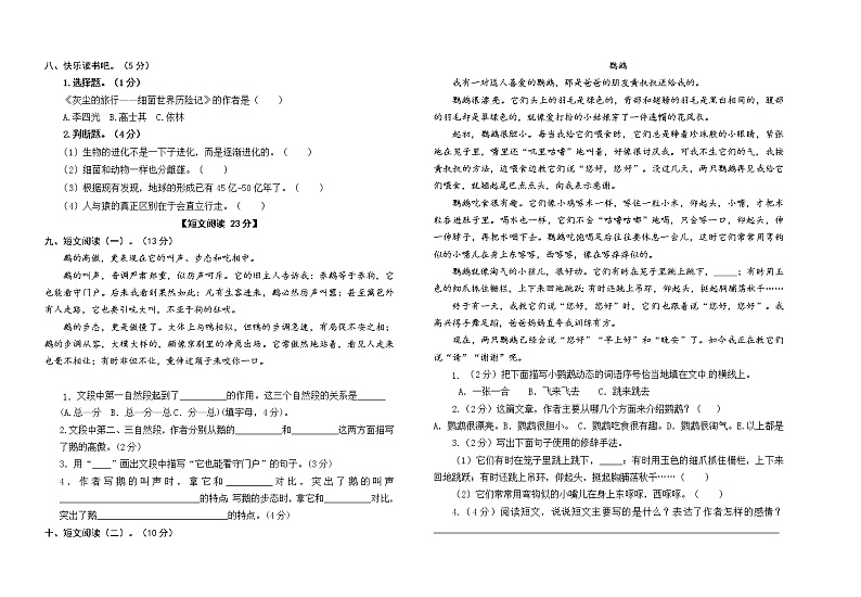 统编人教版小学语文四年级下册第四单元质量检测试卷（含参考答案）02