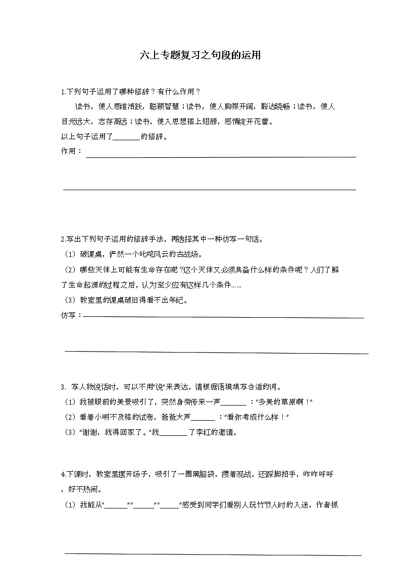 专题复习之词句段的运用（试题）部编版语文六年级上册01