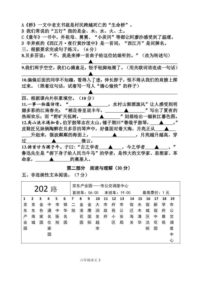 江苏省宿迁地区2022-2023学年六年级上学期期末调研语文试卷02
