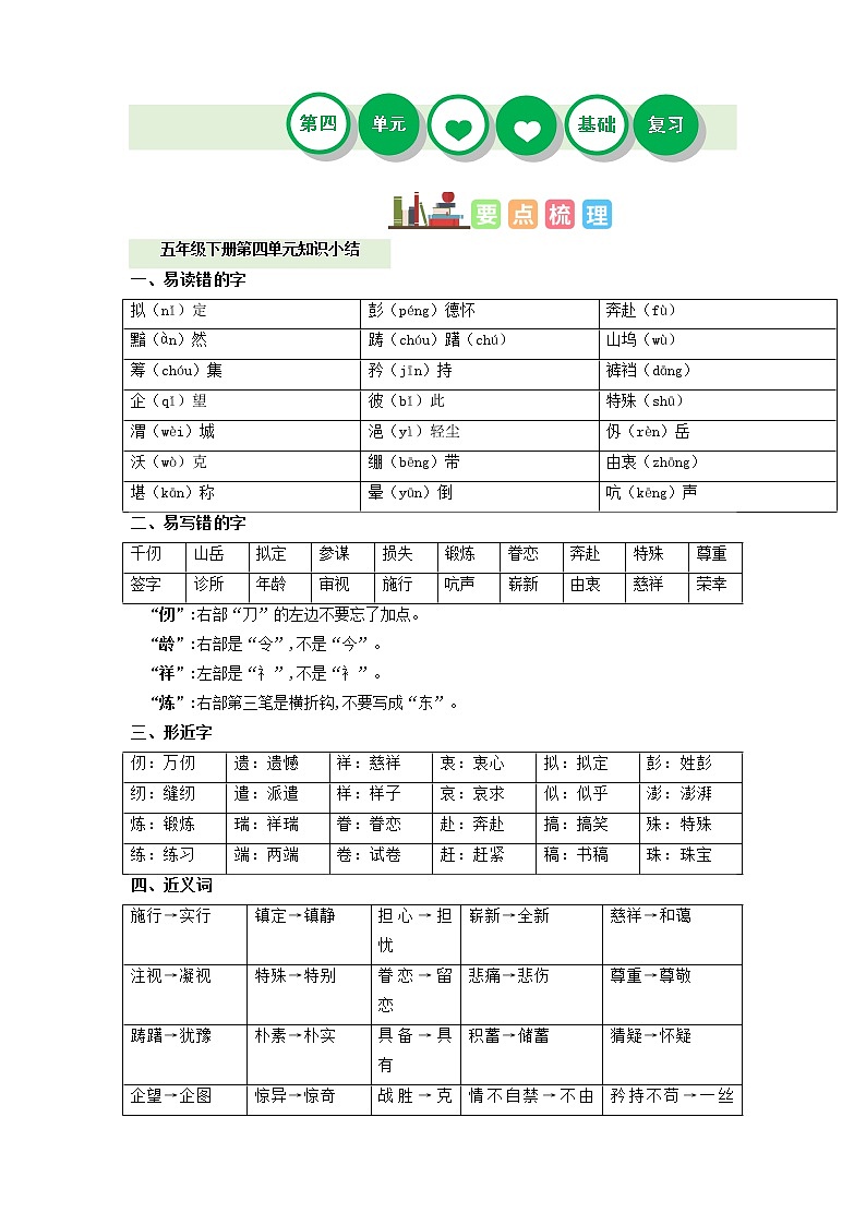 第四单元——2022-2023学年五年级下册语文部编版知识点总结+练习学案（含答案）01