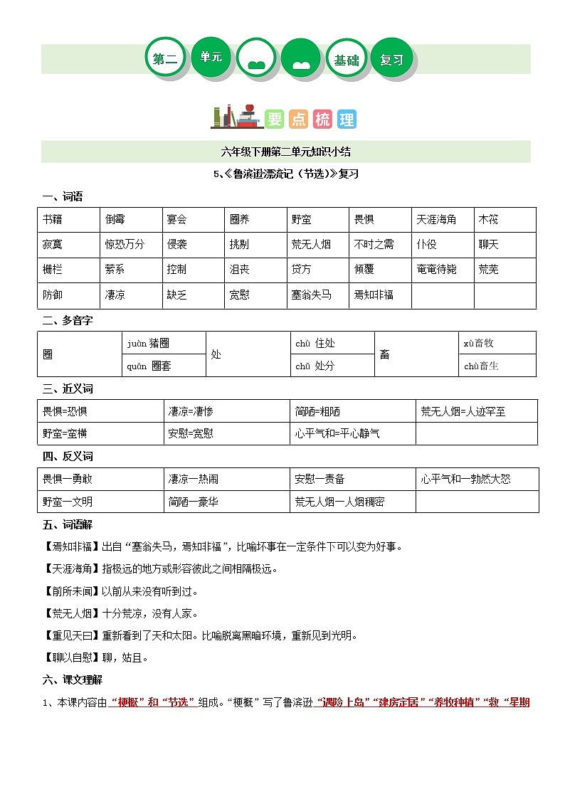 第二单元——2022-2023学年六年级下册语文部编版知识点总结+练习学案（含答案）01
