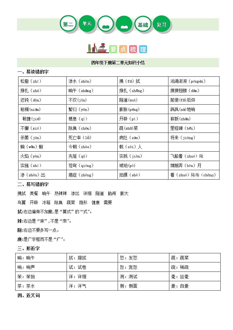 第二单元——2022-2023学年四年级下册语文部编版知识点总结+练习学案（含答案）01