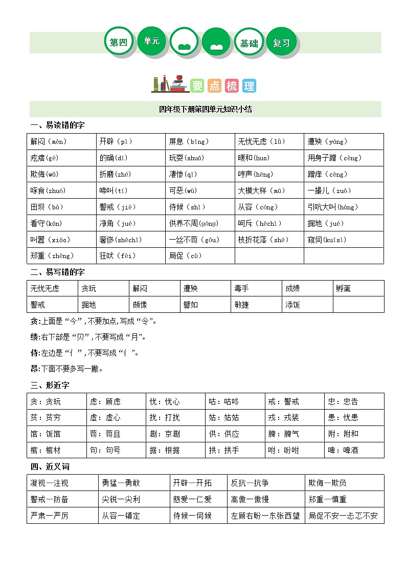 第四单元——2022-2023学年四年级下册语文部编版知识点总结+练习学案（含答案）01