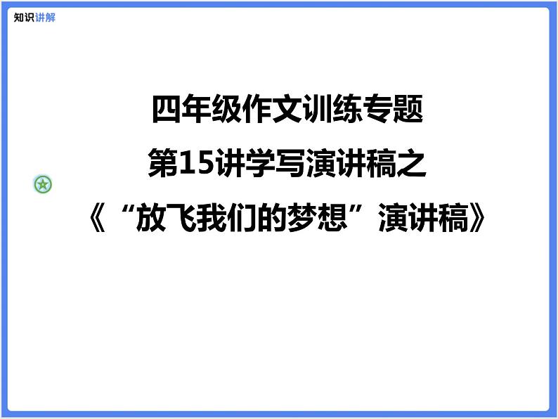 四年级作文训练专题第15讲学写演讲稿之《“放飞我们的梦想”演讲稿》课件PPT01