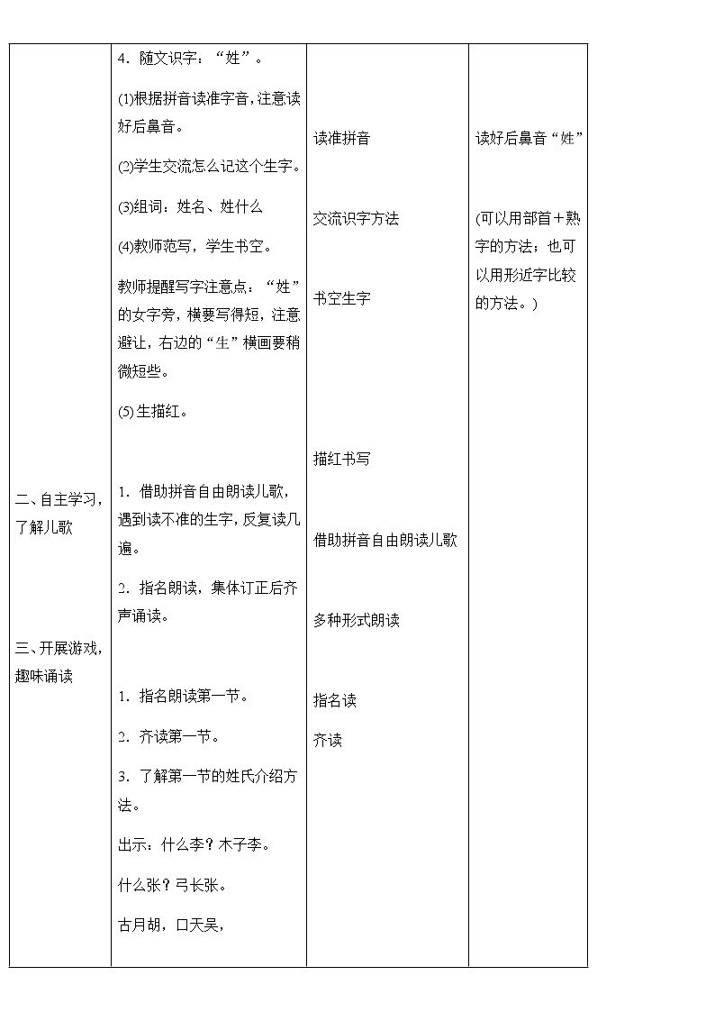 部编版小学语文一年级下册2 姓氏歌  教案 第1课时(表格式)第2页