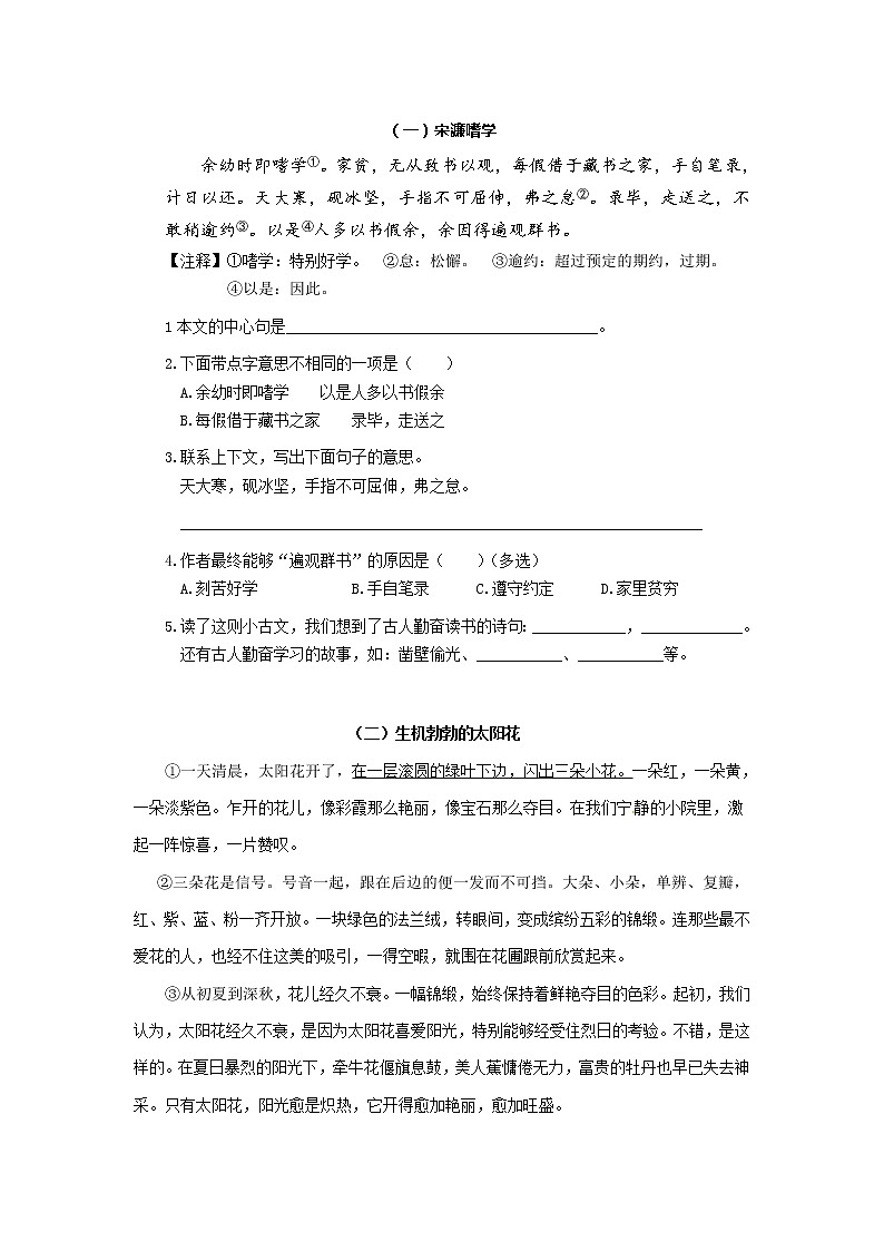 部编版语文五年级上册阅读理解 试卷01