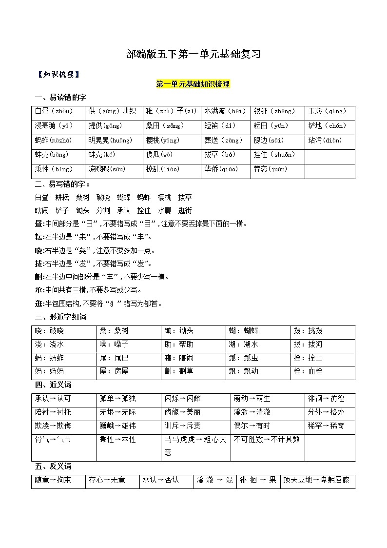 2023年 部编版 五年级语文下册 第1单元基础复习（知识梳理+检测） （含答案）01