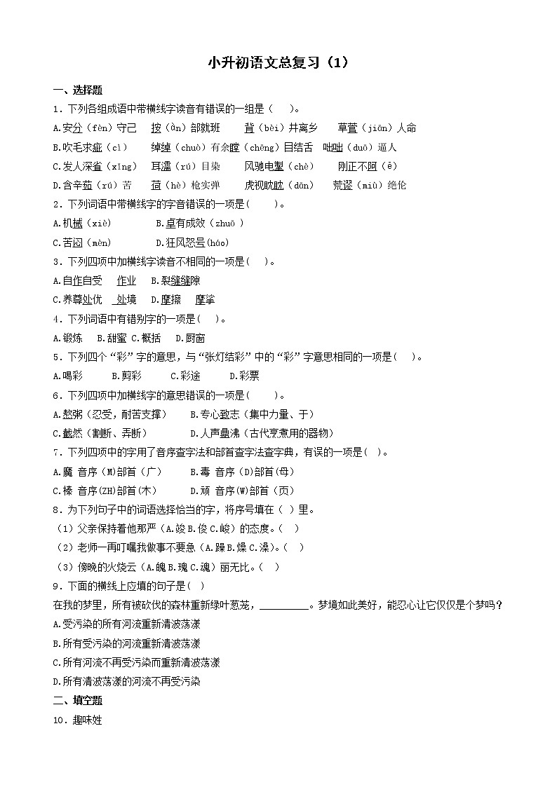 语文小升初知识专项训练复习试卷(有答案)(26页)第1页